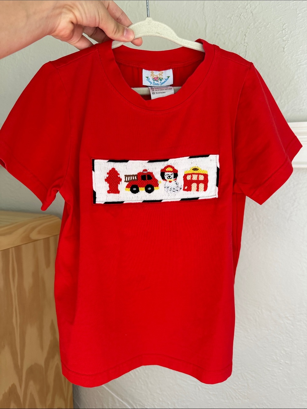 Red Short-Sleeve Kids Fire Truck Smocked Shirt